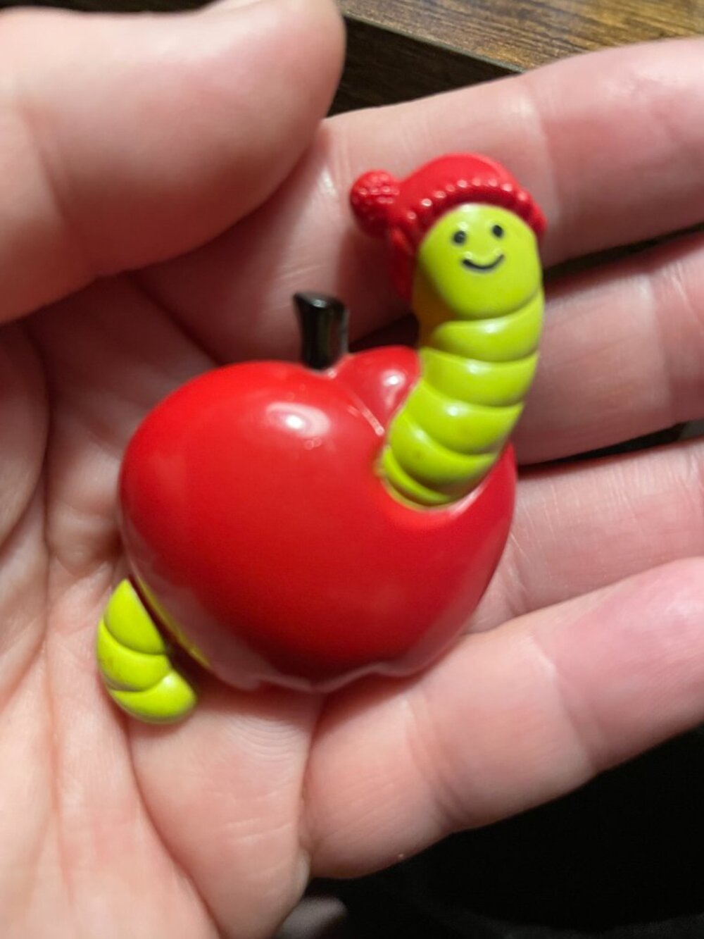 • 1970s Avon Willy the Worm in Apple Novelty Fragrance Pin Collectible